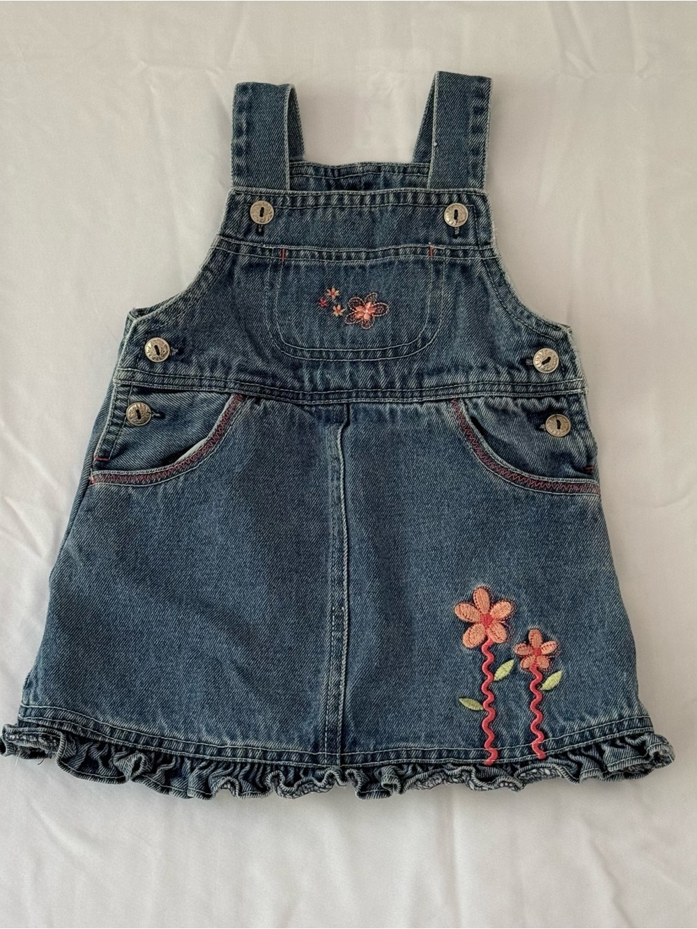Vtg 90s Krickets Baby Girl Denim Overall Dress 12M Floral Embroidered Ruffle Hem
